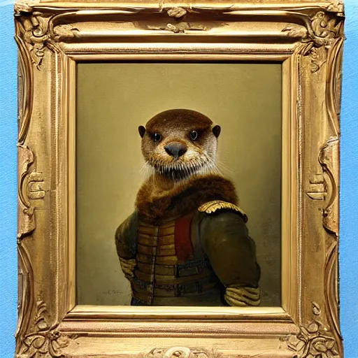 Prompt: oil painting of an anthropomorphic otter in military uniform, amazing detail, painted by rembrandt - n 9