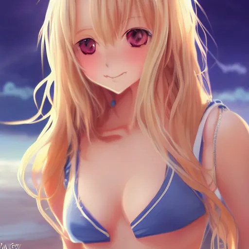 Image similar to a very beautiful young anime cute girl, full body, long wavy blond hair, sky blue eyes, full round face, short smile, bikini, miniskirt, front view, medium shot, mid-shot, highly detailed, cinematic wallpaper by Stanley Artgerm Lau