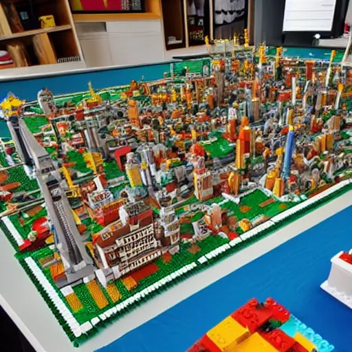 Prompt: large lego city built on a large table, viewed from several metres away