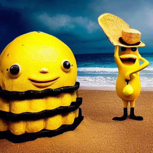 Image similar to 5 0 mm photograph, of a real anthropomorphic lemon character, with lemon skin texture, it is wearing a hat and scuba diving, building a sandcastle on the beach at sunset, beach, huge waves, sun, clouds, tropical trees, rim light, cinematic photography, professional, sand, sandcastle, volumetric lightening