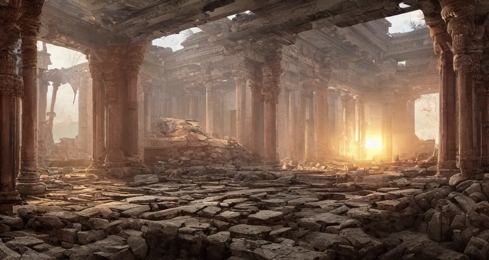 Image similar to The interior of an mytical and ancient temple in ruins, hyperdetailed, artstation, cgsociety, golden hour 8k