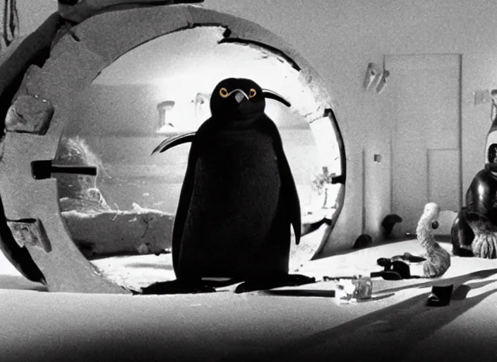 Prompt: A still of John Carpenter's The Thing featuring Pingu