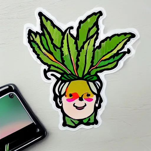 Image similar to cute colourful mandrake plant with face, white tracing, sticker,