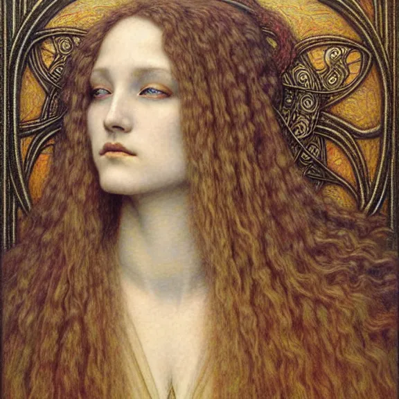 Image similar to detailed realistic beautiful young medieval queen face portrait by jean delville, gustave dore and marco mazzoni, art nouveau, symbolist, visionary, gothic, pre - raphaelite. horizontal symmetry