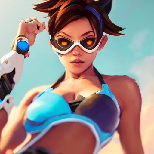 Image similar to overwatch tracer in a bikini, digital art, pretty face, very beautiful face, very detailed eyes, 8 k resolution, by wlop, greg rutkowski, full body