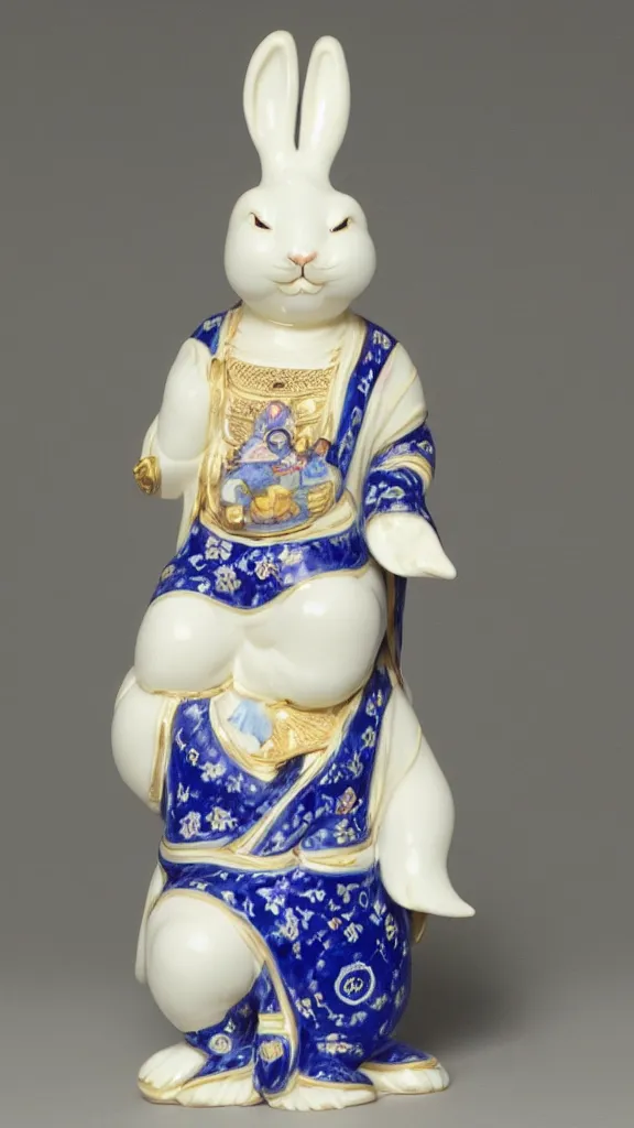 Prompt: porcelain rabbit head budda statue with blue arabesque details with a japanese kiseru in hand painted by john singer sargent