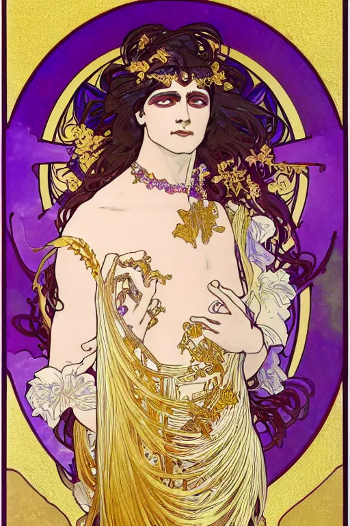 Image similar to thanatos, beautiful male god of death, closed eyes, long hair, wearing ornate silk and lace clothes, gold jewelry, moon, purple feathers, by Alphonse Mucha, rule of thirds, super detailed, 8k