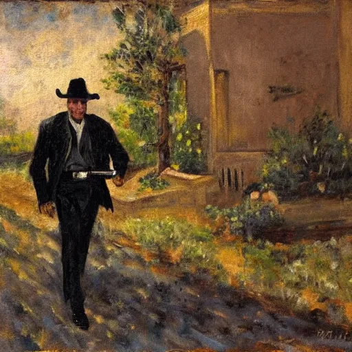 Prompt: the man in black and a revolver in hand walking around an abandoned western town, impressionist painting