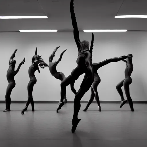 Image similar to xenomorphs ballet dancing elegantly in a dance studio. photo realistic 35mm 4k