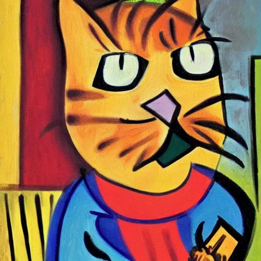 Prompt: garfield, oil painting by picasso