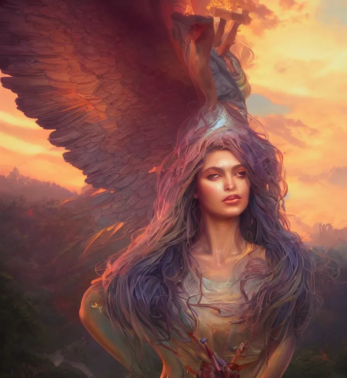 Image similar to centered waist up portrait photography an angel + bokeh + DOF + 8k, photorealistic + rendered in unreal engine + colors and composition by Peter Mohrbacher + line work by Dan Mumford , ultra realistic + backlit + strong rimlight, sunset + HDRI, HD, Photoreal