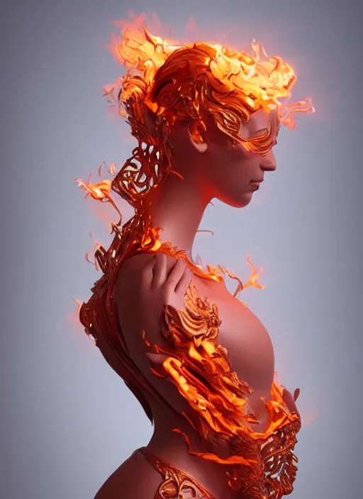 Image similar to sculpture made of flame, portrait, female, future, torch, fire, harper's bazaar, vogue, fashion magazine, intricate, concept art, close up, ornate, luxury, elite, elegant, trending on artstation, by ruan jia, by Kenneth Willardt, by ross tran, by WLOP, by Andrei Riabovitchev,