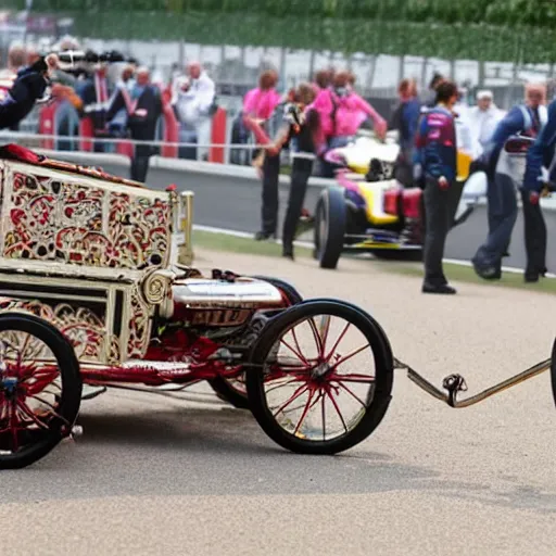 Image similar to lady catherine de bourgh drives her barouche box on the formula 1 circuit of le mans. cinematic, technicolor, highly intricate