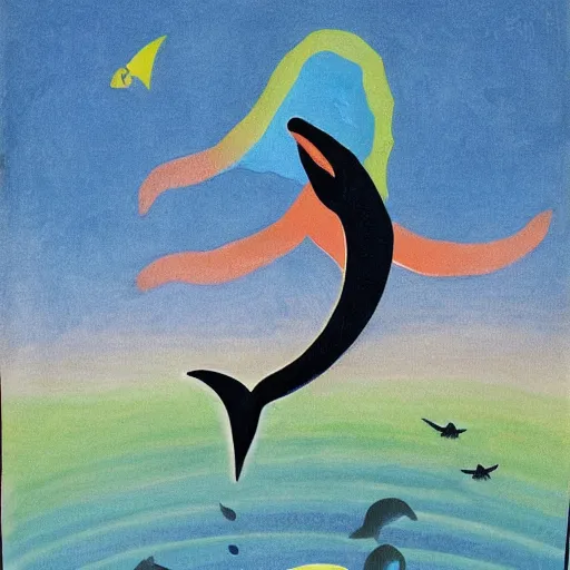 Prompt: the grim reaper riding a dolphin that is jumping over a rainbow, by mary blair,