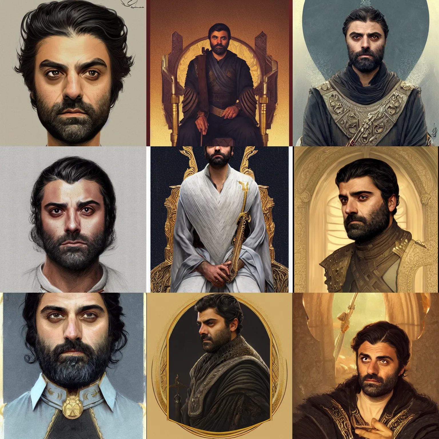 Prompt: portrait of bearded oscar isaac on a throne, elegant, intricate, headshot, D&D, fantasy, highly detailed, digital painting, artstation, concept art, sharp focus, illustration, art by artgerm and greg rutkowski and alphonse mucha