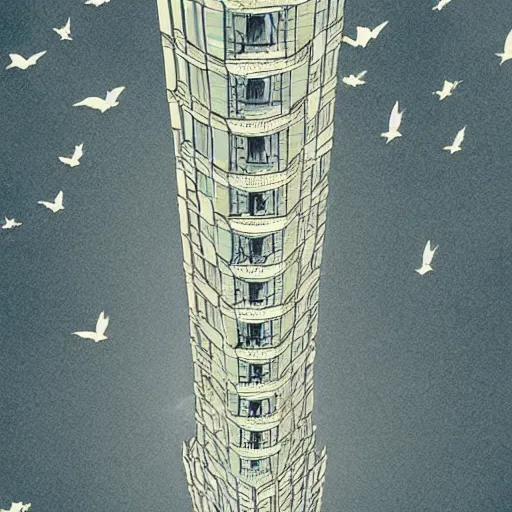 Prompt: huge tower, manga style, tiny flock of birds, lit from above