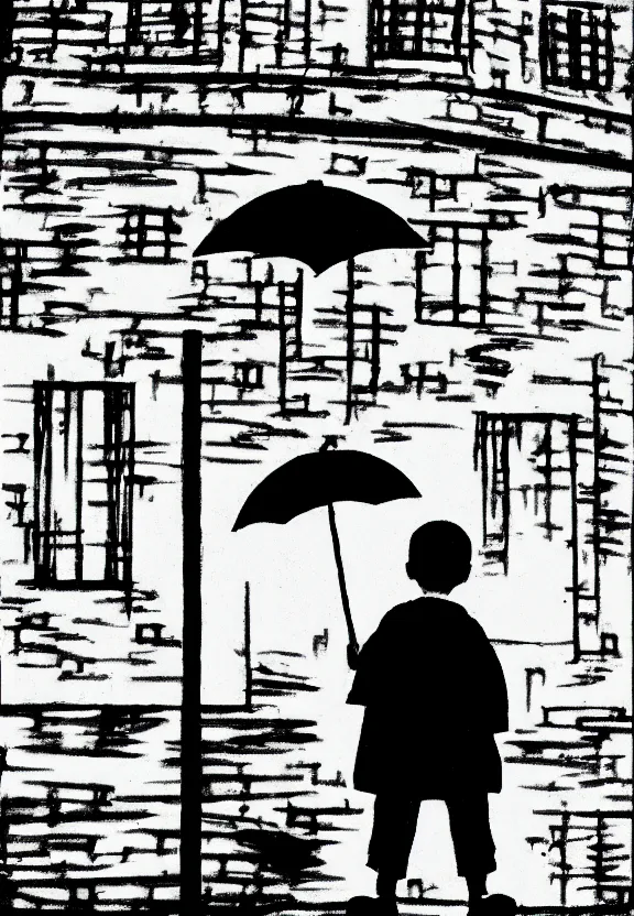 Prompt: little boy holding an umbrella in front of a bar at night, full moon, anime style, minimalist, black and white artwork,