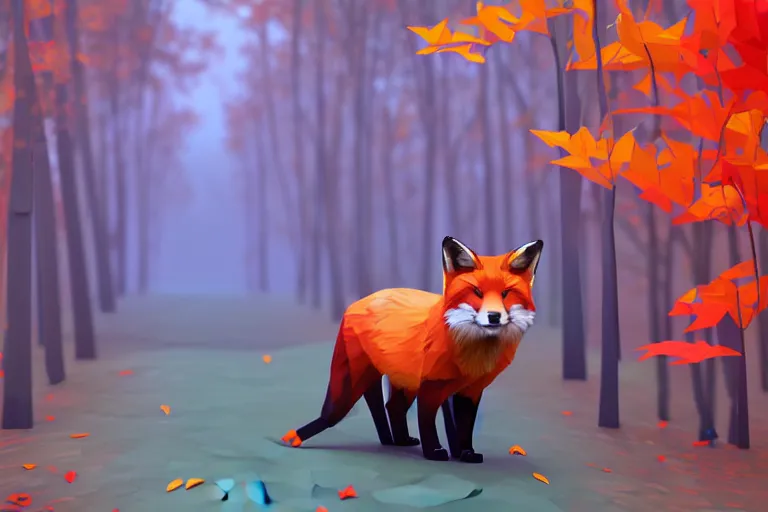 Image similar to super detailed color lowpoly art, red fox in an autumn maple forest, unreal engine, retrowave color palette, 3 d render, lowpoly, colorful, digital art, perspective