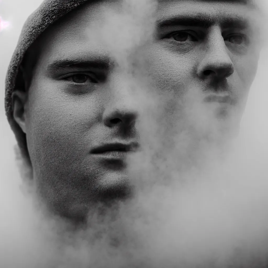 Image similar to Extreme Close-Up (ECU) vintage black and white portrait photo of a young man dressing in white robes wearing white masks in the field, cinematic lighting, cinematic composition, cinematic atmosphere, misty foggy. Vogue photography Sigma 85mm f/5-6.3 lens, portrait winning photograph.