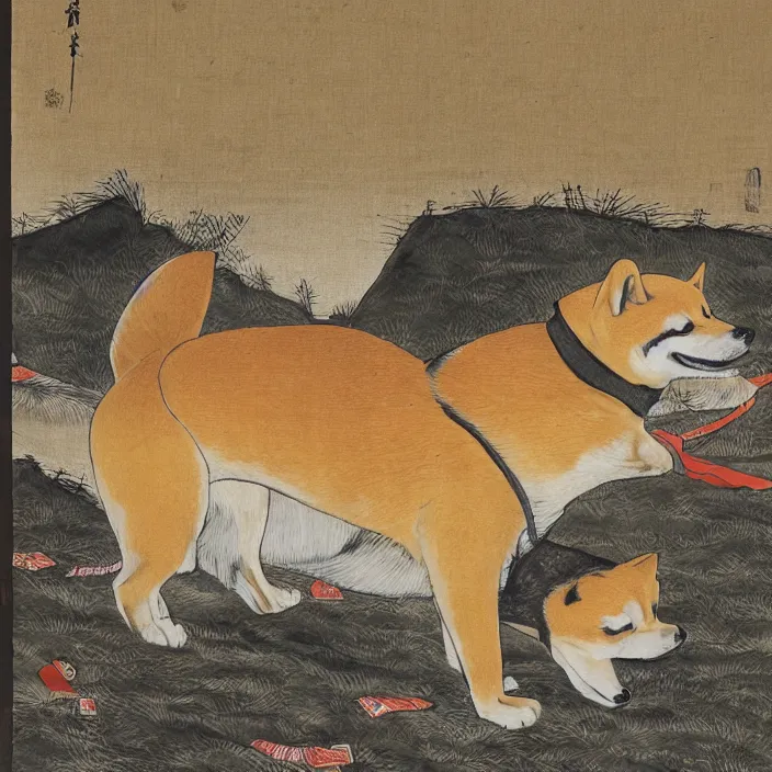 Image similar to a shiba-inu-samurai general waking up from a nap on the battlefield, artwork on loan from the historical dog society of japan