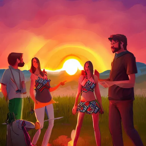 Image similar to team discussing around bonfire, sunset, third person view, clothes with pattern of pieces of watermelon, detailed, artstation,