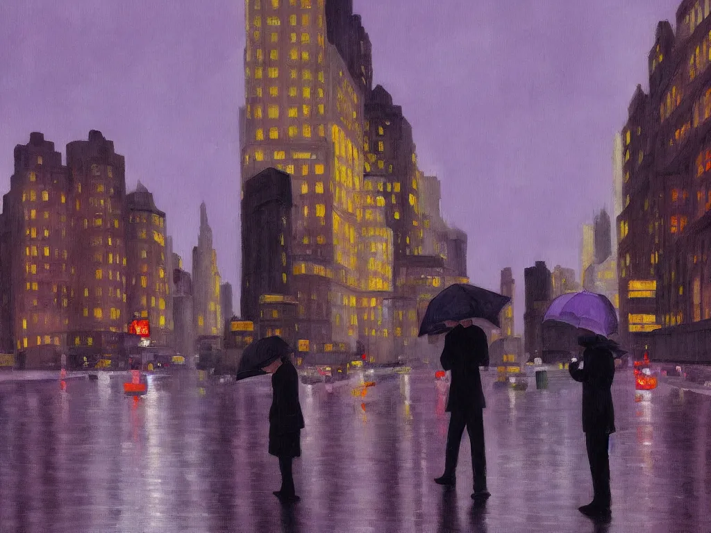 Prompt: cityscape view of new york city night, raining, purple storm skies, man with umbrella, ultra view angle view, realistic detailed painting by edward hopper