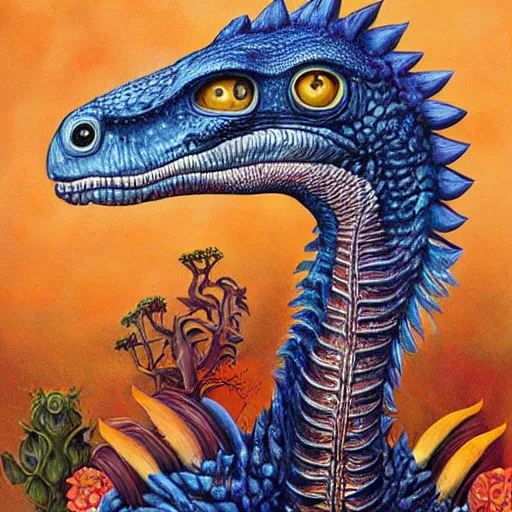 Image similar to portrait of surreal velociraptor, artwork by Daniel Merriam,