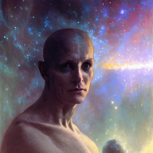 Image similar to hyperrealist portrait of an ancient alien with large cruel intelligent eyes standing in front of a nebula by jeremy mann and alphonse mucha and alan lee, fantasy art, photo realistic, dynamic lighting, artstation, poster, volumetric lighting, very detailed faces, award winning, full face, symmetry