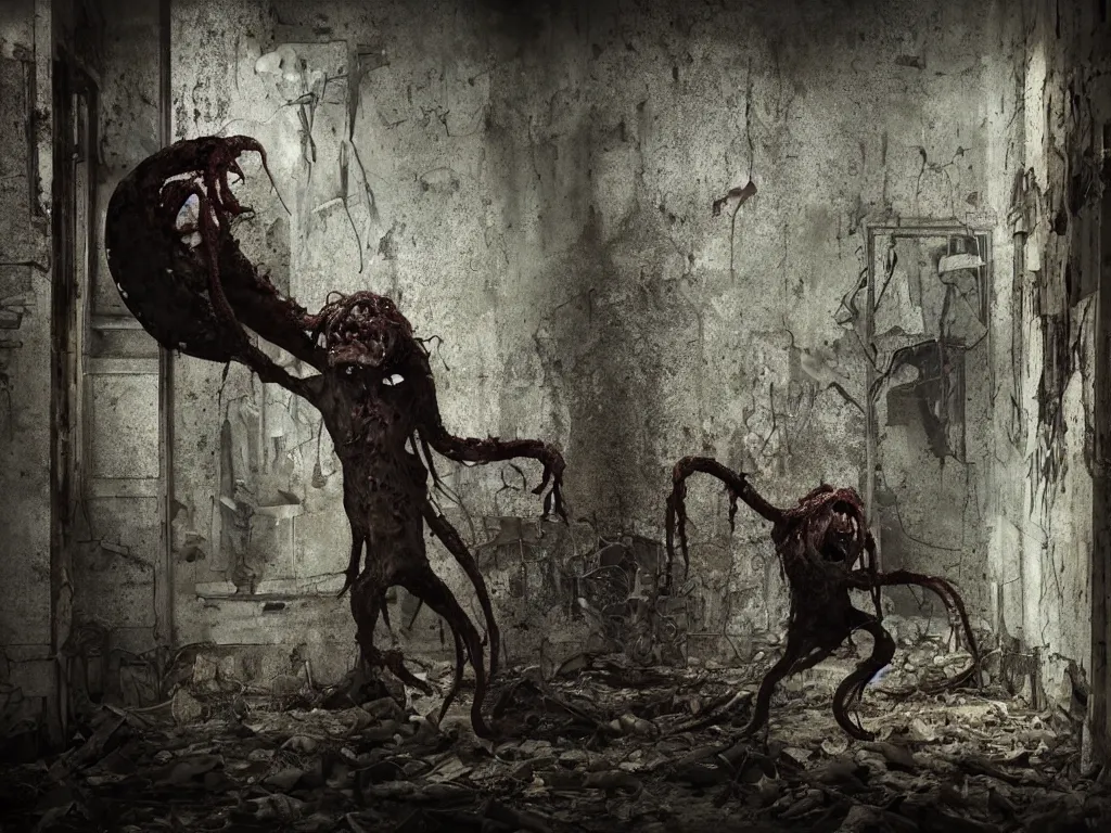 Prompt: mutant hunchback creature lurking in the corner of a room in an abandoned building, color photograph, realistic, dirty windows, debris, tentacle beast, dust, bleak apocalyptic style, creepypasta, ominous vibe, sharp fangs