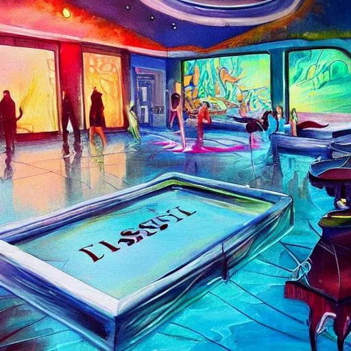 Prompt: a painting of the lost nightclub of Atlantic. An underwater dance floor.