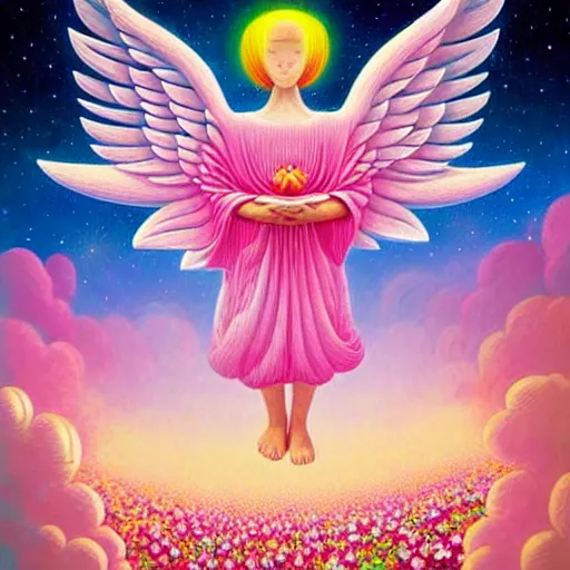 Prompt: abstract biblically accurate angel, giant wings, pink, flower blossoms, stars, night sky, hyper detailed, kawaii, by jacek yerka, lewandowski, hopper and gilleard, ryden, wolfgang lettl, hints of yayoi kasuma