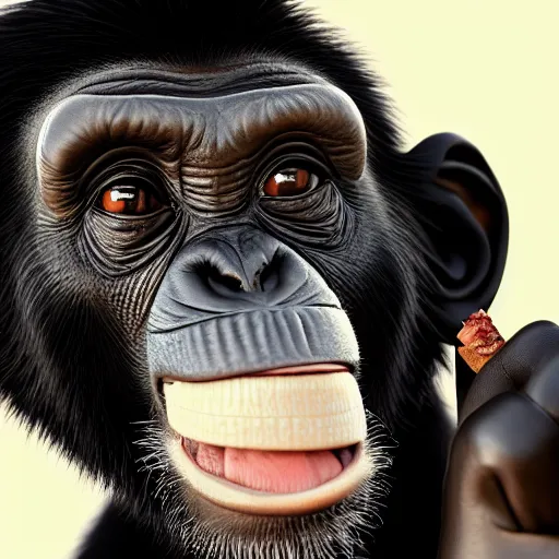 Image similar to a high detail closeup shot of a chimp wearing a suit 👔,and smoking a cigarrette🚬, cgcosiety, artstation, unreal engine, realism