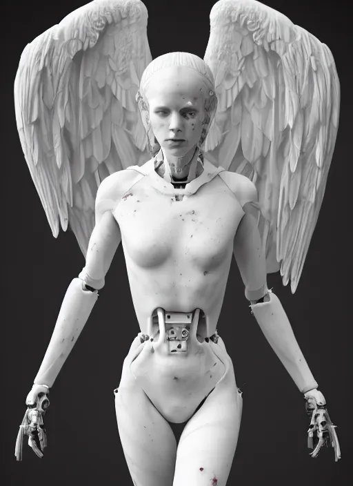 Image similar to a bloody statue made of white marble, of an gorgeous futuristic cybernetic angel girl, prostheses, transhumanism, full body shot, perfect symmetrical body, perfect symmetrical face, hyper realistic, hyper detailed, by johannen voss, by peter kemp, by monia merlo, by michelangelo, octane render, blender, 8 k