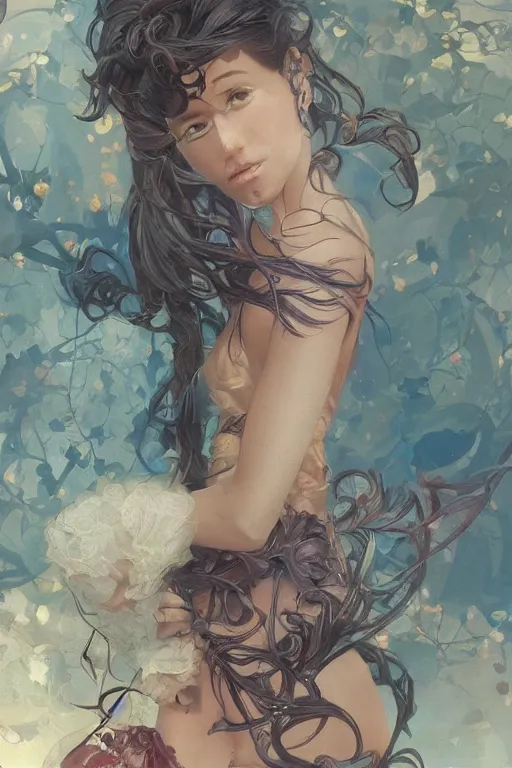 Image similar to portrait of everything, long hair, fantasy, elegant, intricate, full frontal shot, highly detailed, digital painting, artstation, concept art, sharp focus, illustration, art by artgerm and greg rutkowski and alphonse mucha