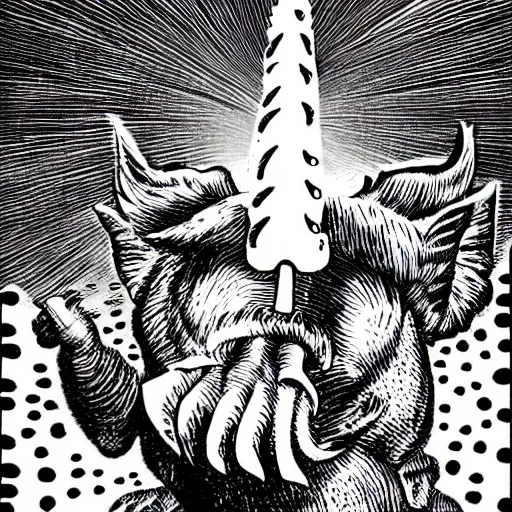 Prompt: winged flying pig with unicorn horn, richard corben style, black and white, stipple