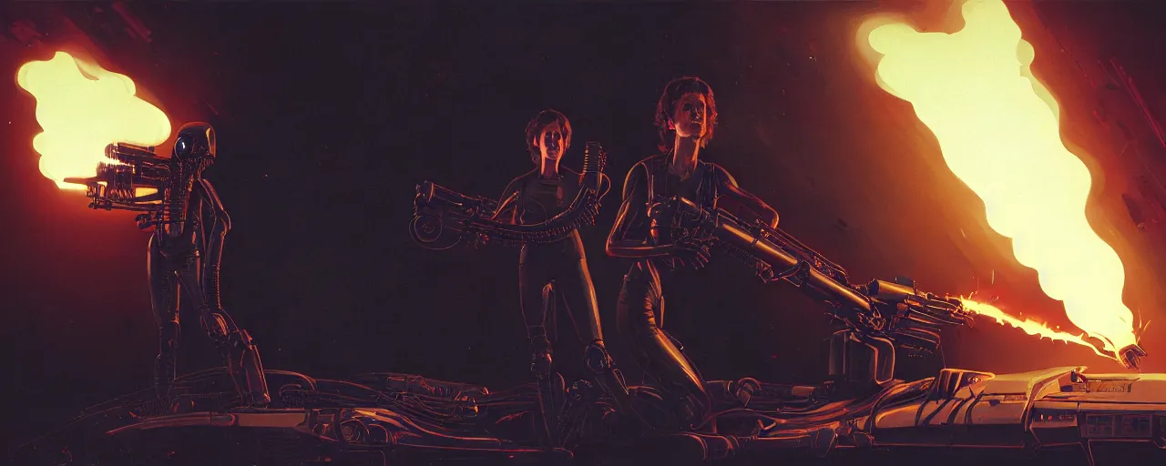 Image similar to duotone dark concept illustration 3 / 4 portrait of ellen ripley with flame thrower. xenomorph shape in background. cinematic volumetric lighting space. golden ratio accidental renaissance. by sachin teng and sergey kolesov and ruan jia and heng z. graffiti art, scifi, fantasy, hyper detailed. octane render. concept art. trending on artstation