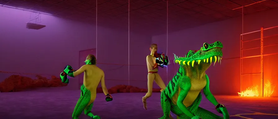 Image similar to amazing detailed lucid surreal rendering by wes anderson, octane render, volumetric lighting, depth of field, futurisitic boxing ring in a dying utopia, neon radioactive swamp, lizardman on stilts fighting human boxer