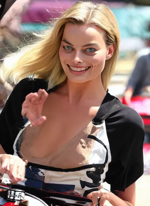 Image similar to margot robbie doing karting versus a monkey