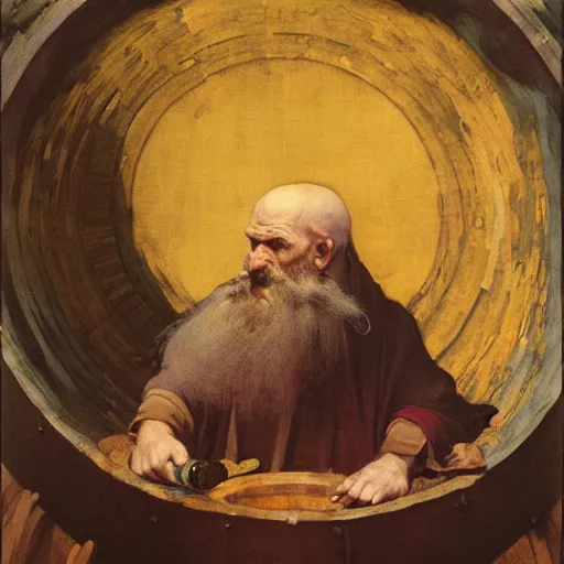 Prompt: Portrait Portrait of Diogenes the Cynic donning hobo costume whilst resting in an enormous wine cask theodore gericault donato giancola john william waterhouse maxfield parrish mikhail vrubel arkhip kuindzhi astri lohne stained lacquer glaze