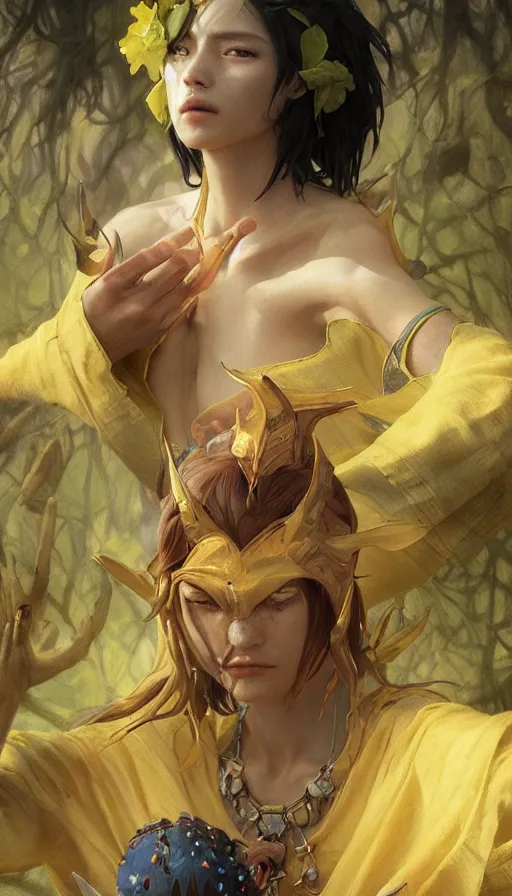 Image similar to epic masterpiece [rincess mononoke, drama, sweaty skin, hyperrealistic, octane render, cinematic, beautiful face and flawless skin, perfect hands, 5 fingers, yellow by Edgar Maxence and Ross Tran and Michael Whelan and Lorenzo Sperlonga, Brom, Legends of Runeterra