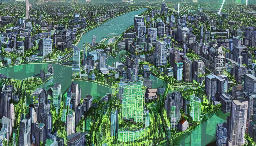 Prompt: city art of futuristic washington dc with green parks surrounded by glass office buildings, humongous city in the distance, boat on river, hyperdetailed, artstation, cgsociety, 8 k