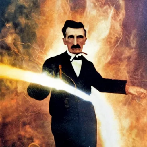 Image similar to UHD candid color photo of Nikola Tesla firing a phaser at Hitler, accurate faces, UHD, photorealistic, correct face, photo by Annie Leibowitz