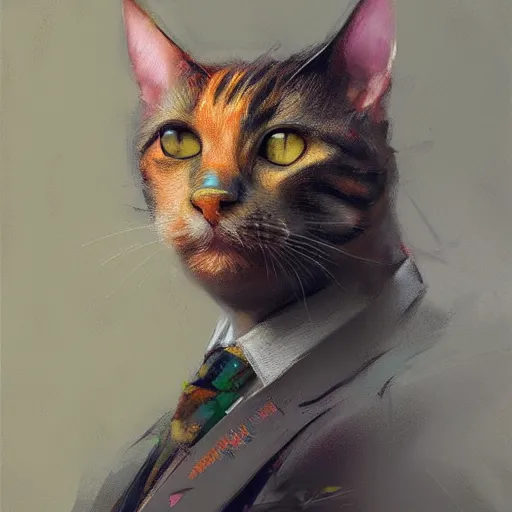 Image similar to A realistic hyperdetailed multi-colored digital oil full body portrait painting of a cat in a suit in the style of Guy Denning, Ruan Jia, and Craig Mullins. Trending on ArtStation and DeviantArt. CGSociety Digital art.