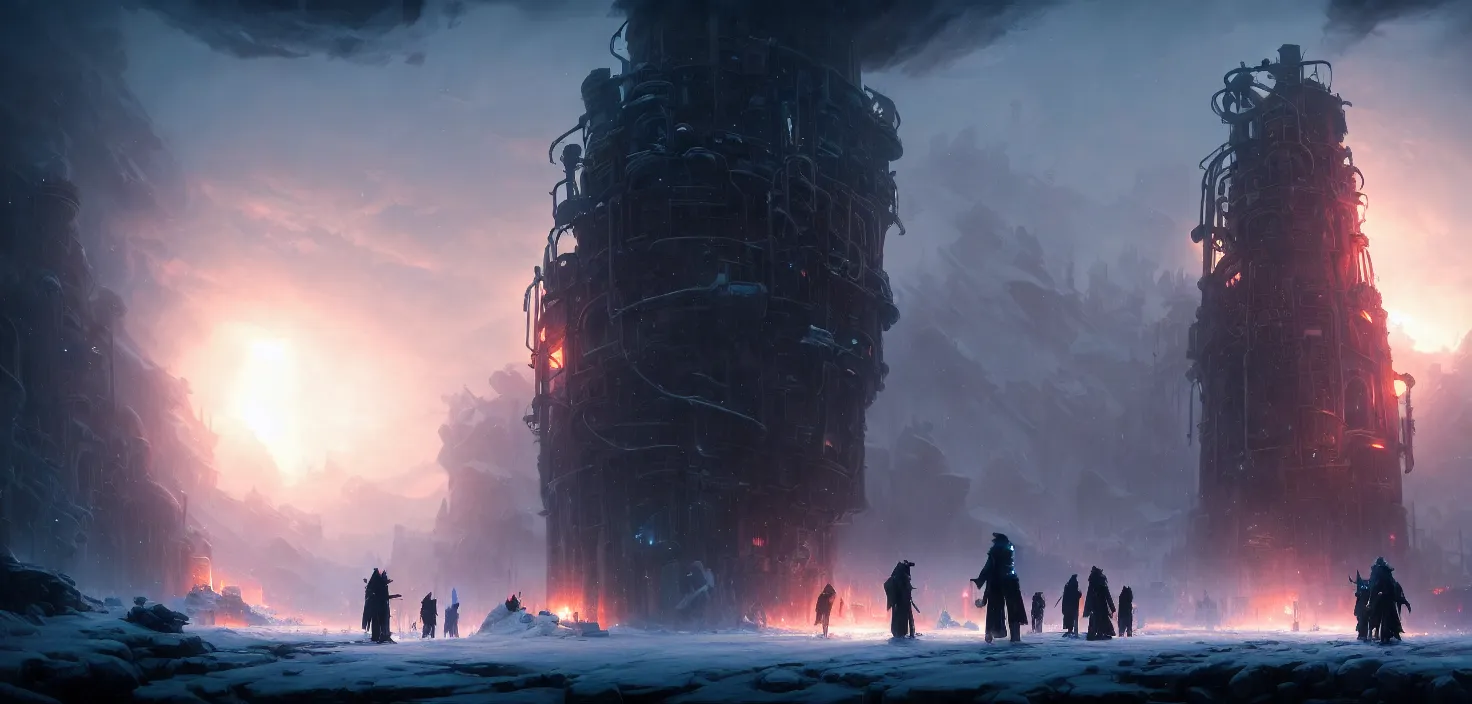 Image similar to frostpunk portal, cinematic view, epic sky, detailed, concept art, high detail, warm lighting, volumetric, godrays, vivid, beautiful, trending on artstation, by jordan grimmer, huge scene, art greg rutkowski