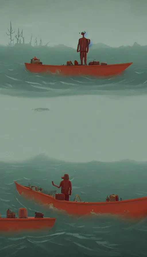 Prompt: man on boat crossing a body of water in hell with creatures in the water, sea of souls, by simon stalenhag