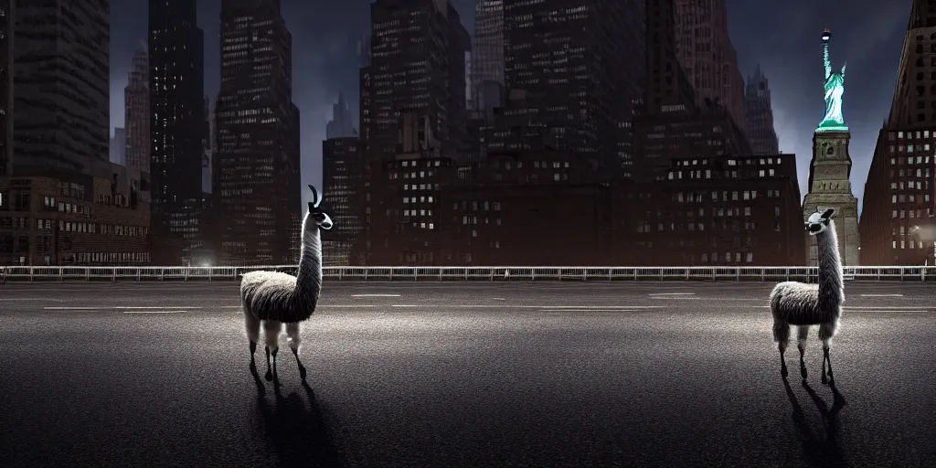 Image similar to a llama walking through a desolate manhattan city street at night, statue of liberty seen in the background, realistic 4 k octane beautifully detailed render, 4 k post - processing, highly detailed, detailed face, intricate complexity, epic composition, magical atmosphere, cinematic lighting, masterpiece, color picture, ultra hd