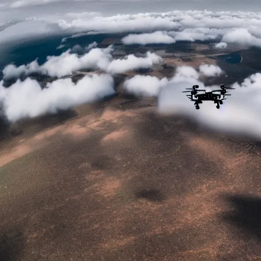 Image similar to cinematic areal shot of three baykar drones flying through the clouds