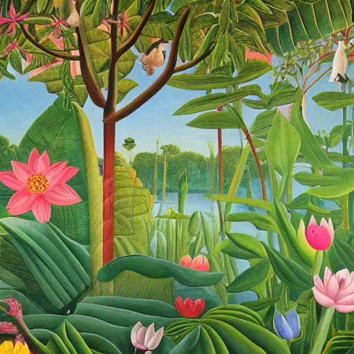 Image similar to hd photo of a fresco in naive art style by henri rousseau with birds and flowers and lotuses, highly detailed, unreal engine, photorealism