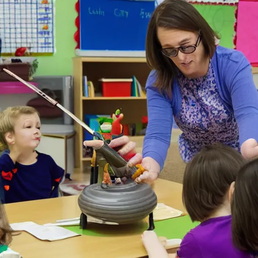 Prompt: A kindergarten teacher demonstrating how to use a bong