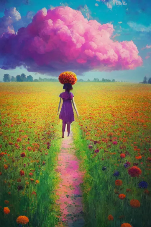 Image similar to giant flower head, girl walking in a flower field, surreal photography, sunrise, dramatic light, impressionist painting, colorful clouds, digital painting, artstation, simon stalenhag